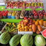 display of fresh fruit, eg watermelons, mangoes, etc