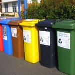 selection of 6 recycling bins, all different colours