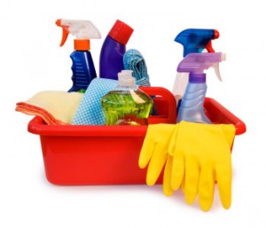 red bucket full of cleaning equipment