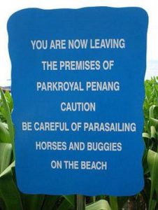 sign requesting beach users to take care, warning of parasailing horses