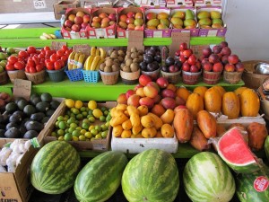 display of fresh fruit, eg watermelons, mangoes, etc